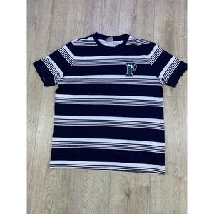 Puma Short Sleeve Crew Neck Striped Blue Tee Shirt Men's Large *HOLE VIEW PHOTO*